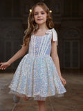 Tween Girl 1pc Sleeveless Shoulder Strap & Shiny Mid-Length Party Dress