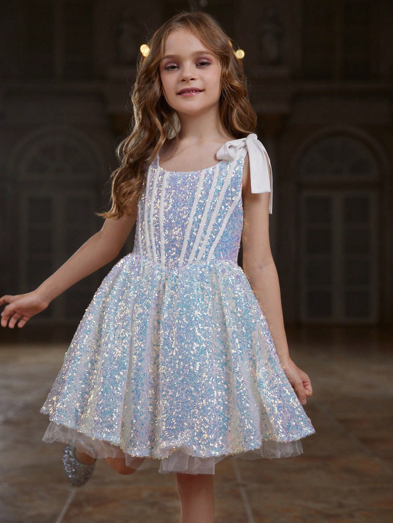 Tween Girl 1pc Sleeveless Shoulder Strap & Shiny Mid-Length Party Dress