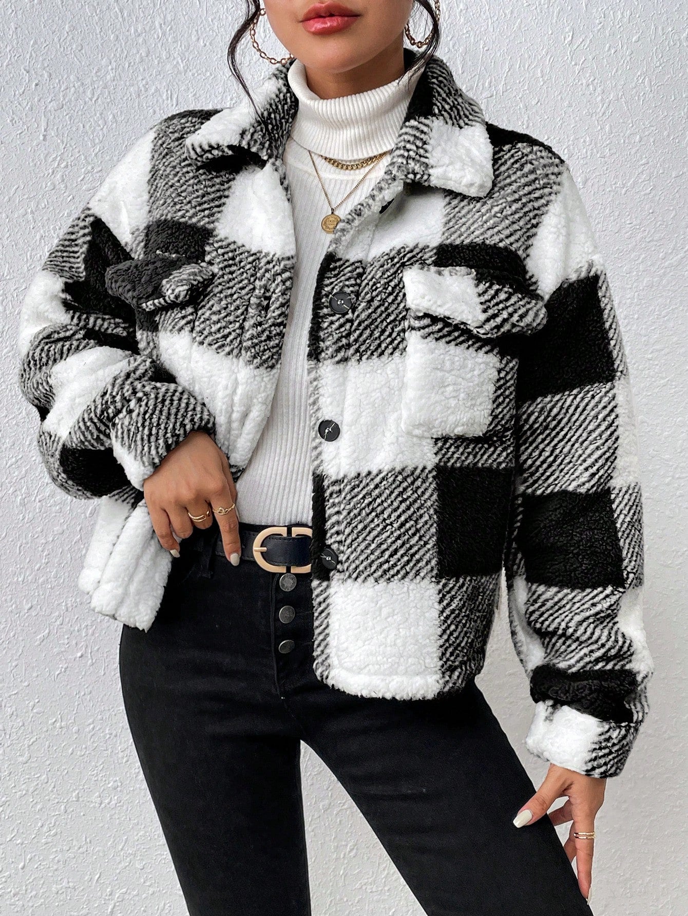 Frenchy Buffalo Plaid Print Drop Shoulder Flap Pocket Teddy Jacket