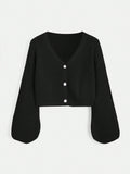 Teen Girl Solid Button Front Bishop Sleeve Cardigan