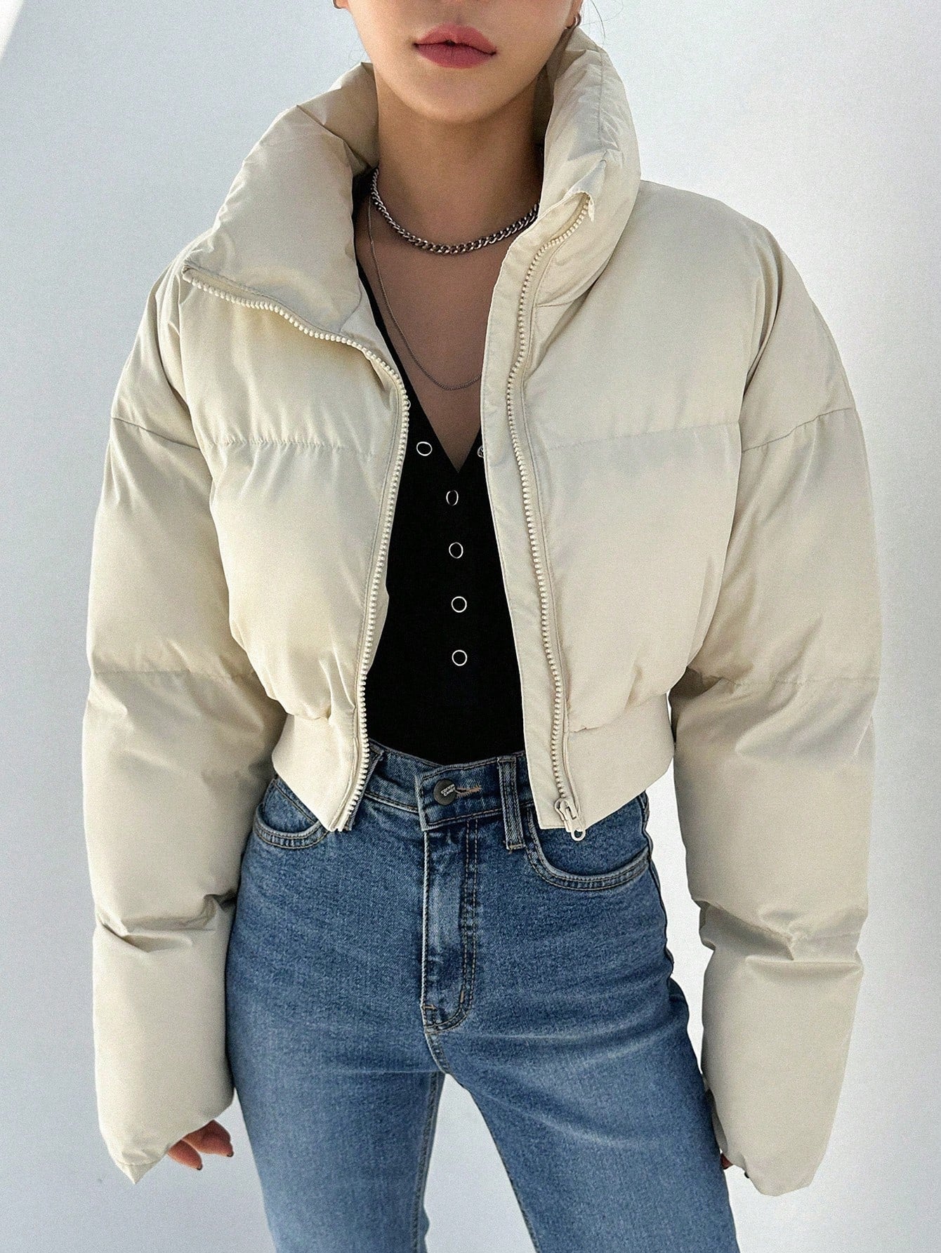 Drop Shoulder Zipper Crop Puffer Coat