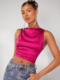 Solid Ruched Crop Satin Blouse