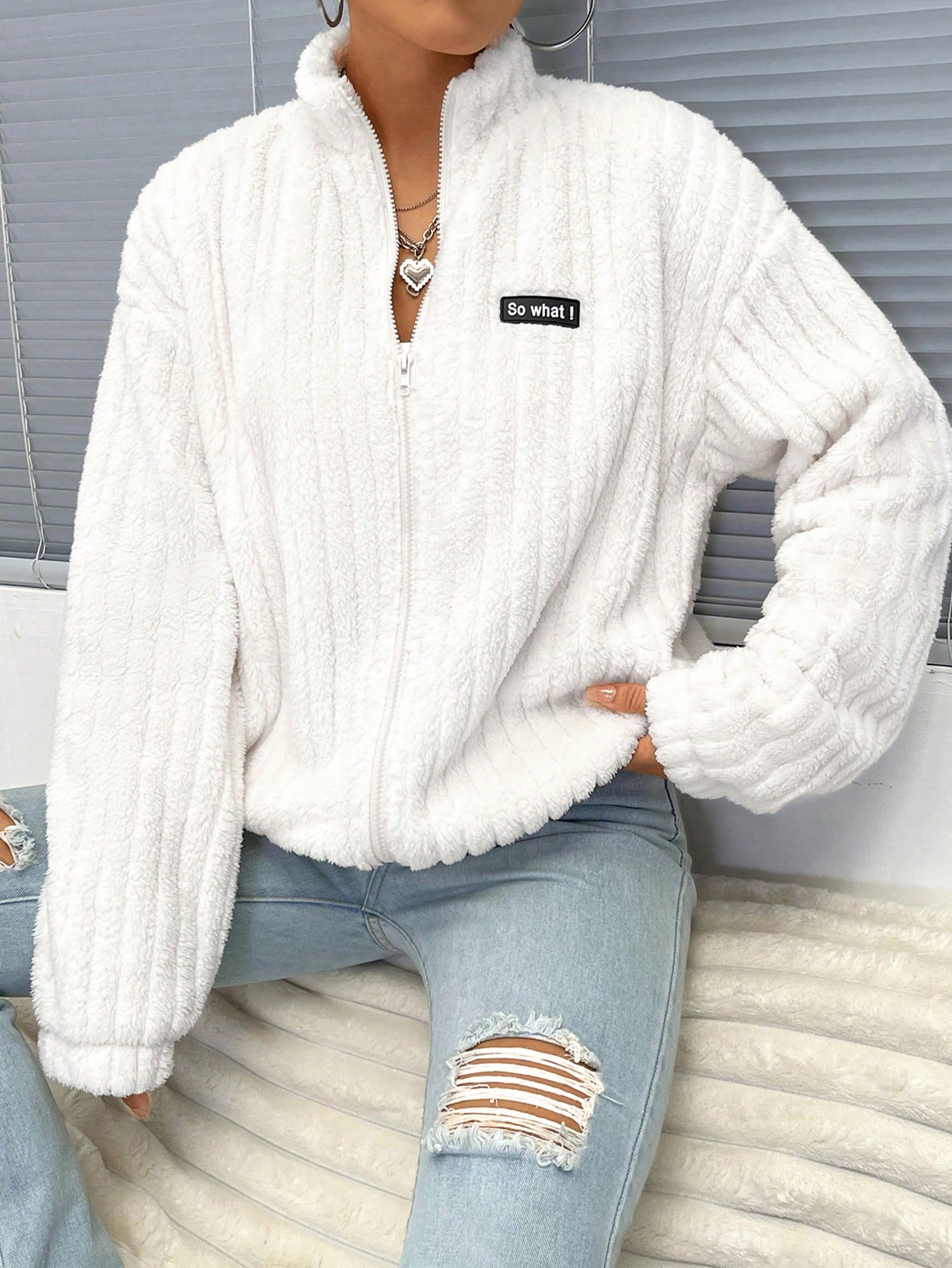 Letter Patched Drop Shoulder Teddy Jacket
