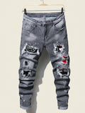 Men Cotton Letter Patched Ripped Jeans