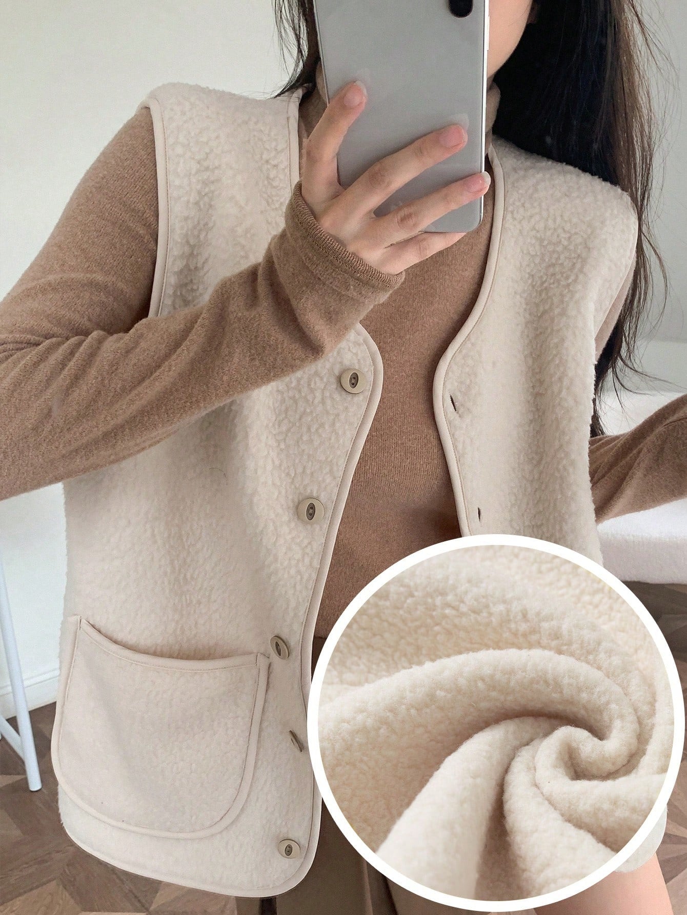 Solid Button Front Dual Pocket Vest Coat