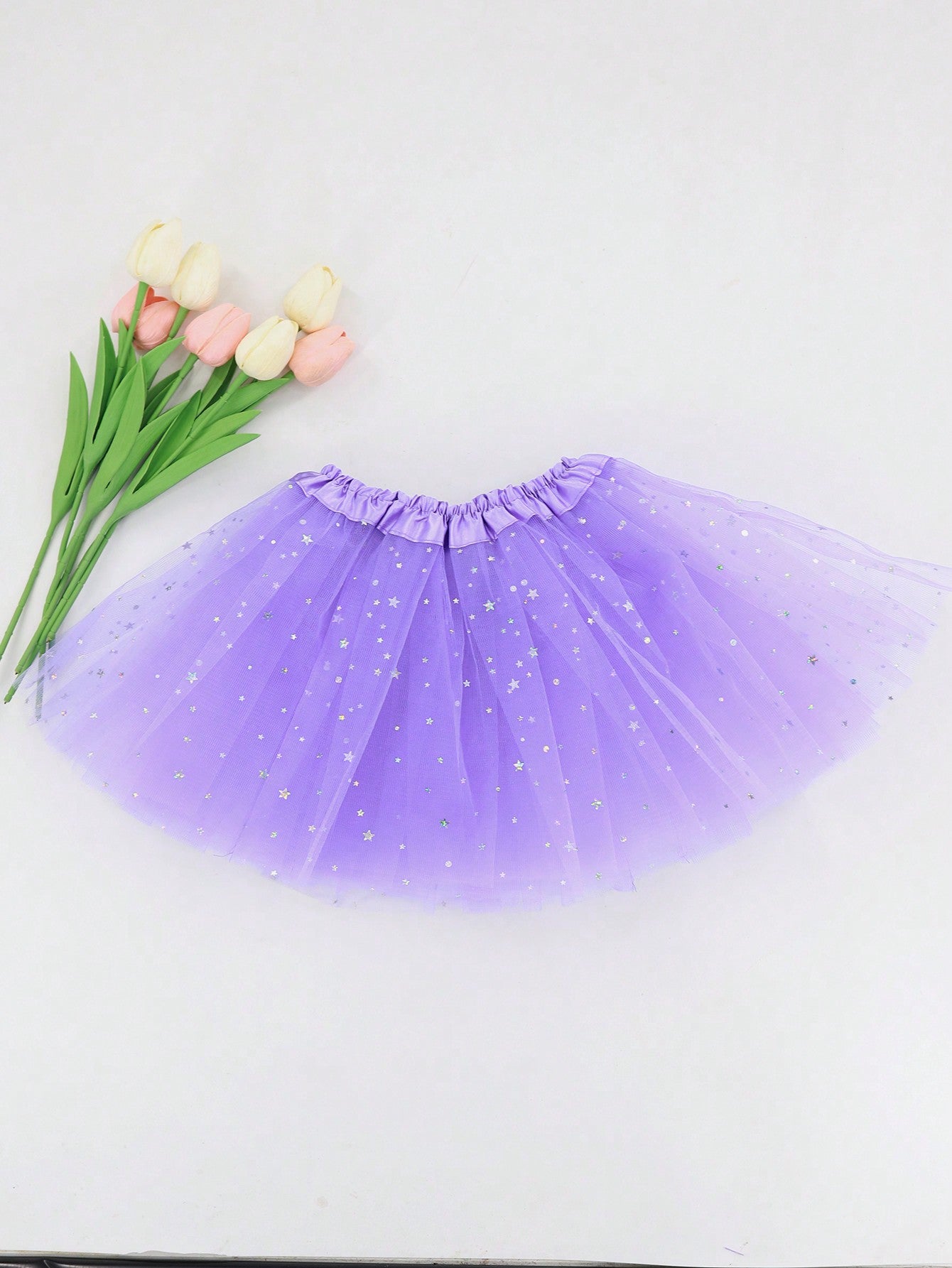 Young Girls' Mesh Tutu Skirt With Star And Moon Decor, Two Layers Of Solid Color Mesh Skirt Inside, Suitable For Stage Performance
