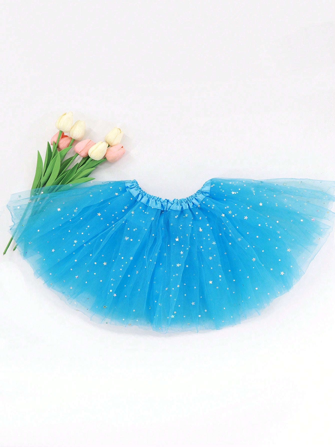 Young Girls' Mesh Tutu Skirt With Star And Moon Decor, Two Layers Of Solid Color Mesh Skirt Inside, Suitable For Stage Performance
