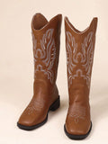 Women's Fashionable Chunky Heel Western Boots, Embroidered Mid-Calf Knight Boots, Retro Boots, Chelsea Boots, Autumn New V-Shaped Slip-On Long Boots