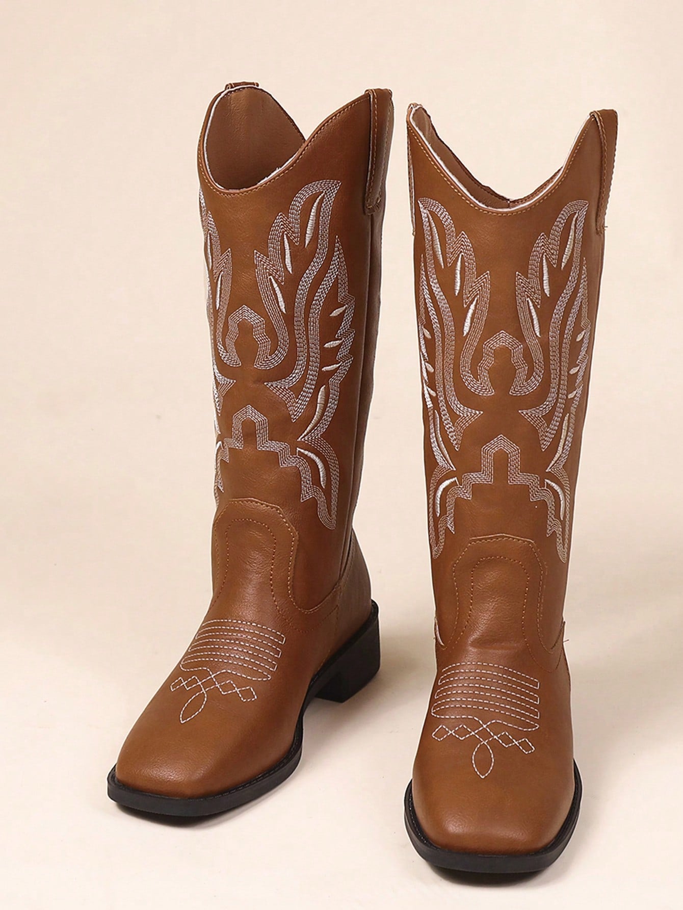 Women's Fashionable Chunky Heel Western Boots, Embroidered Mid-Calf Knight Boots, Retro Boots, Chelsea Boots, Autumn New V-Shaped Slip-On Long Boots