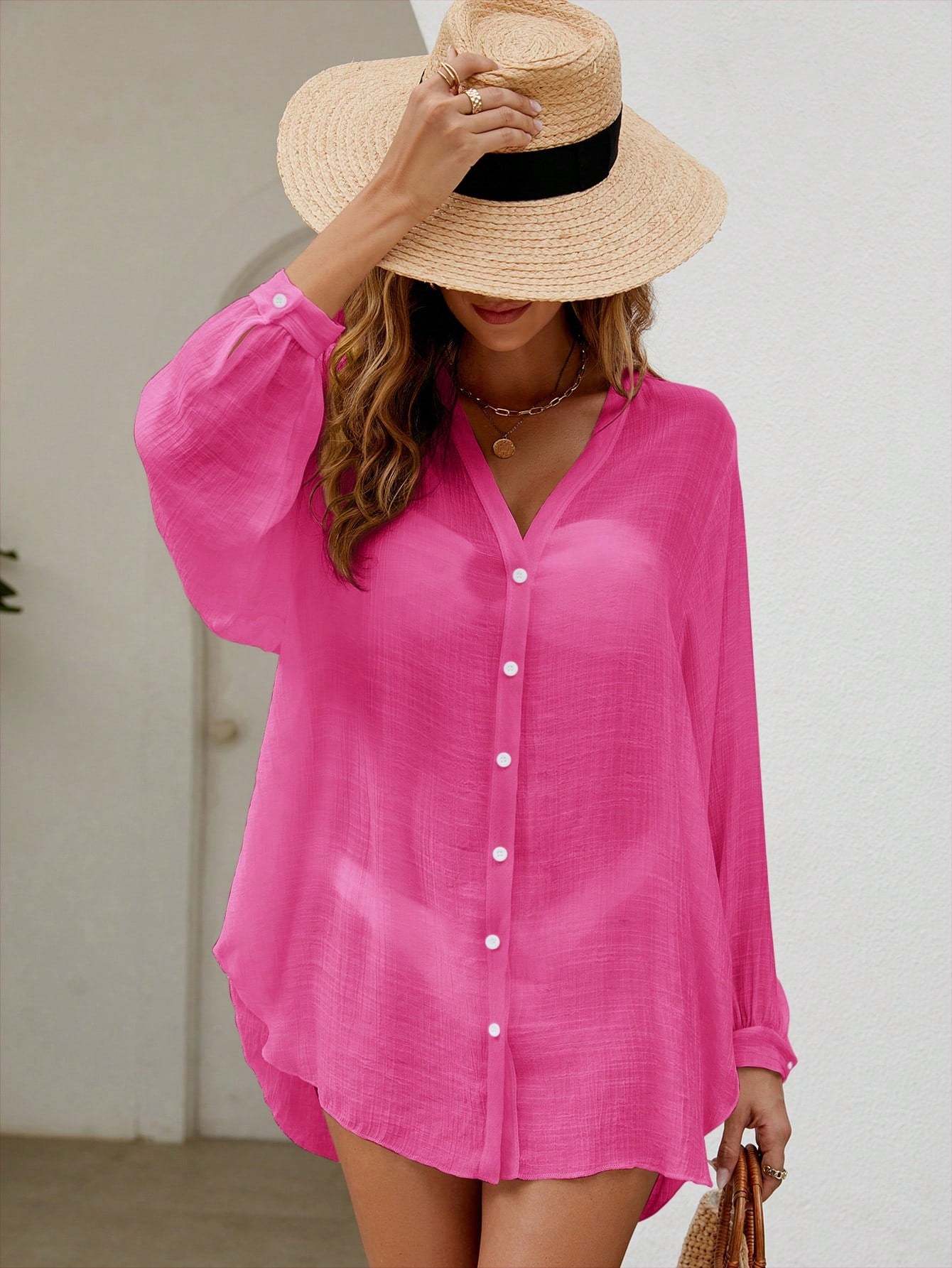 Swim Vcay Summer Beach Solid Button Front Kimono