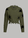 Teen Girl Star Pattern Distressed Drop Shoulder Distressed Sweater