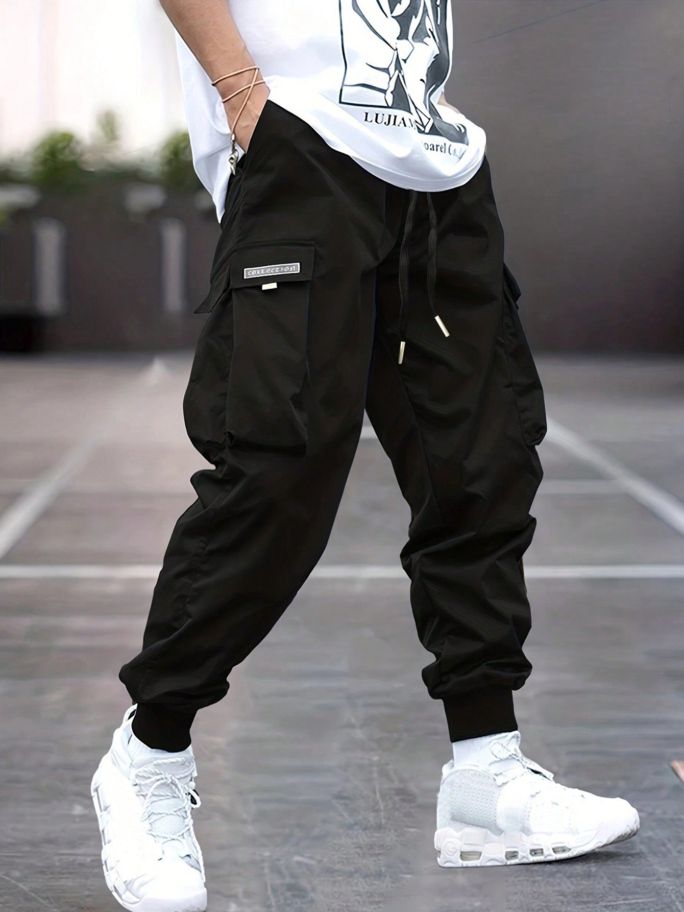 Men's Casual Drawstring Waist Flap Pocket Cargo Pants