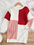 Tween Girls' Colorblock Loose Fit Long Sleeve Sweater Dress With Round Neck