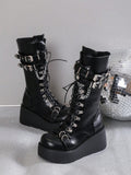 Women's Punk Style Thick Heel Platform Motorcycle Boots With Chain & Buckle Fashion Decoration