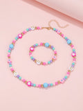 2pcs/set Girls' Rope Necklace With Face & Heart, Flowers, Acrylic Beads, Includes 1 Necklace & 1 Bracelet