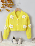 Young Girl Stereo Flower Drop Shoulder Button Front Cardigan