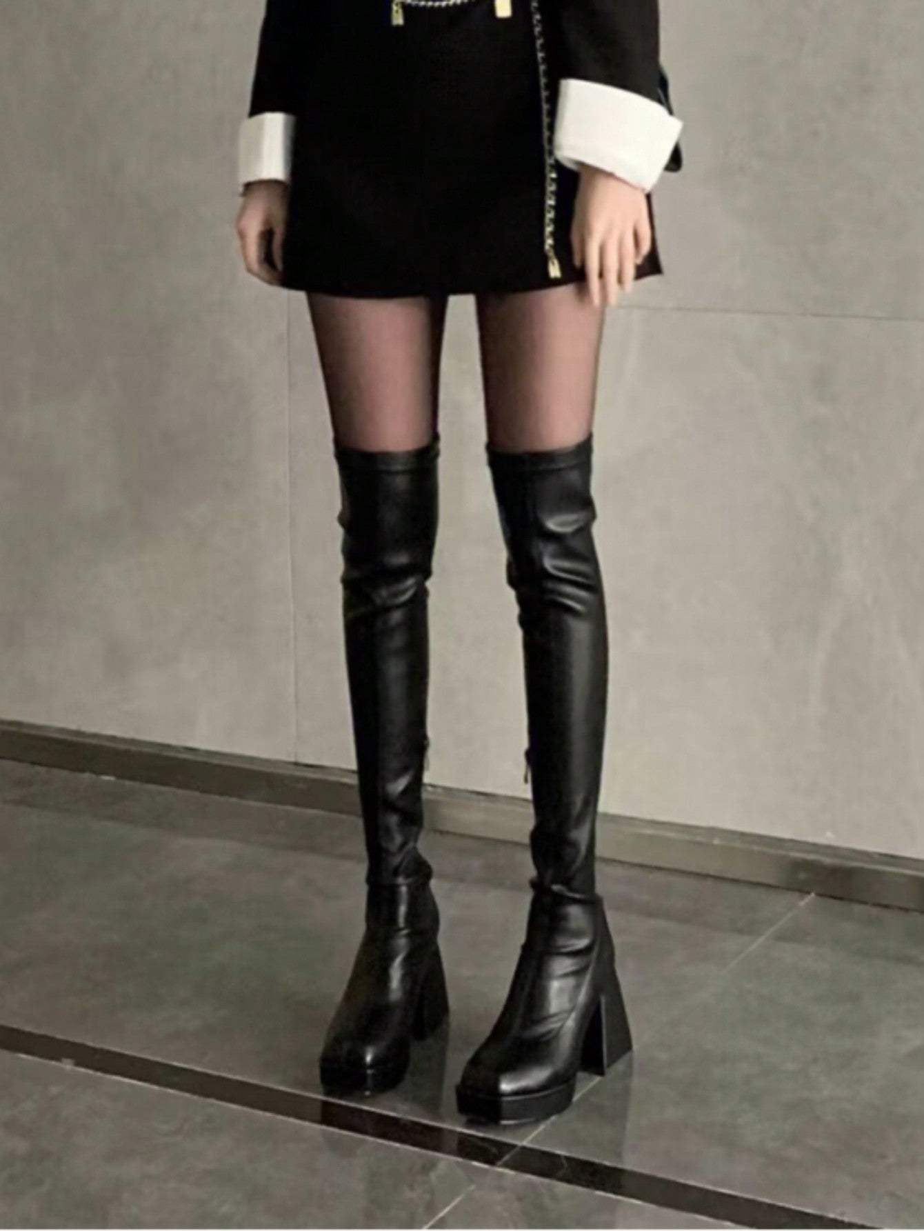 Women's Black Over-the-knee High-heeled Fashion Boots With Waterproof Platform