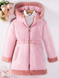 Tween Girl 1pc Fuzzy Trim Hooded Belted Puffer Coat