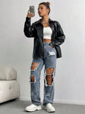 Drop Shoulder Zip Up PU Leather Coat
