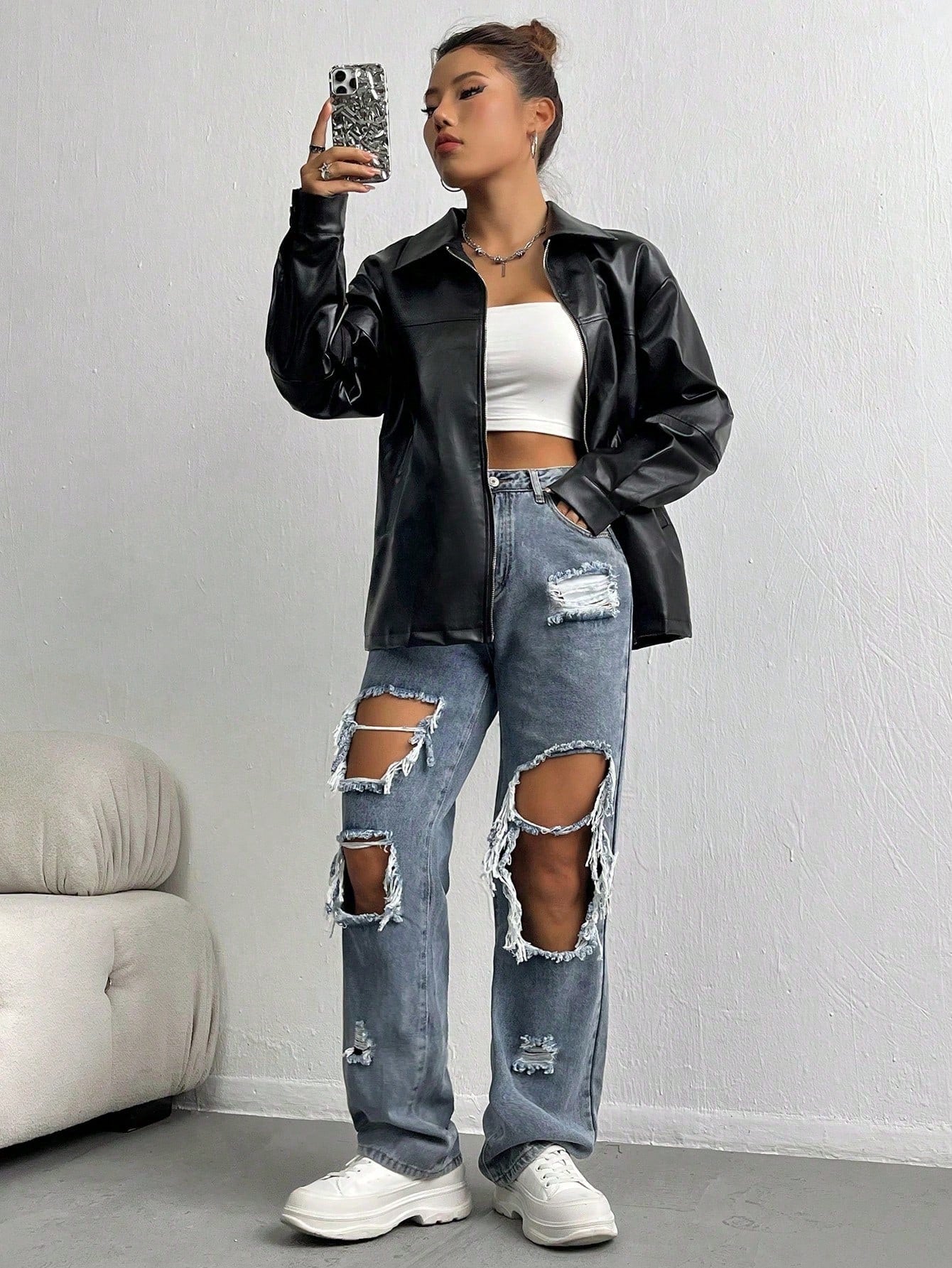 Drop Shoulder Zip Up PU Leather Coat