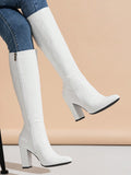 Women's Fashionable Mid-calf Boots With Pointed Toe, Side Zipper And Chunky Heels In White