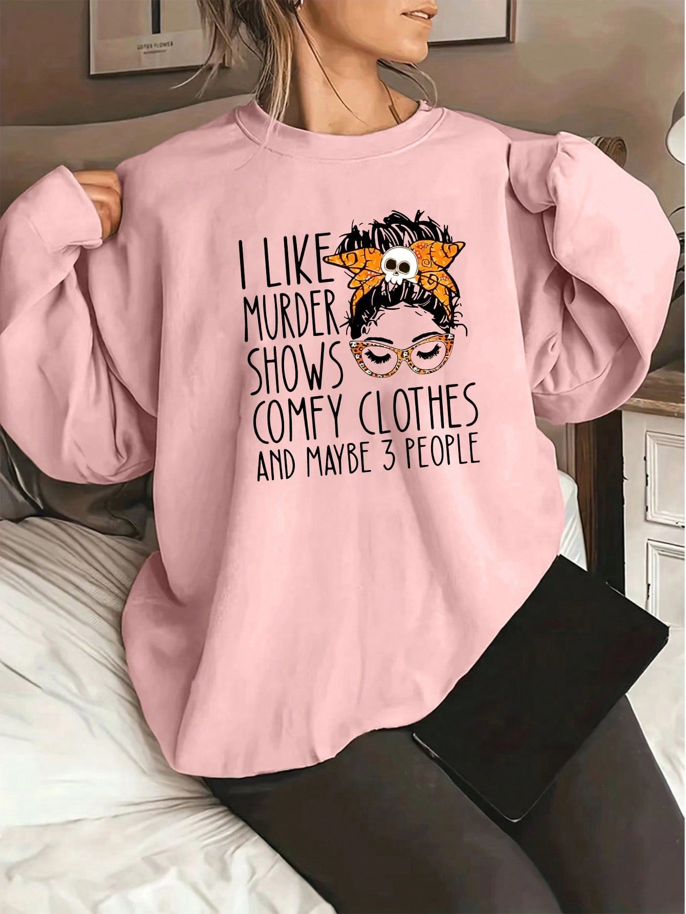 Slogan & Figure Graphic Drop Shoulder Thermal Sweatshirt I LIKE  SHOWS COMFY CLOTHES AND MAYBE 3 PEOPLE