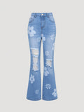 Tween Girl Floral Print Ripped Flare Leg Jeans