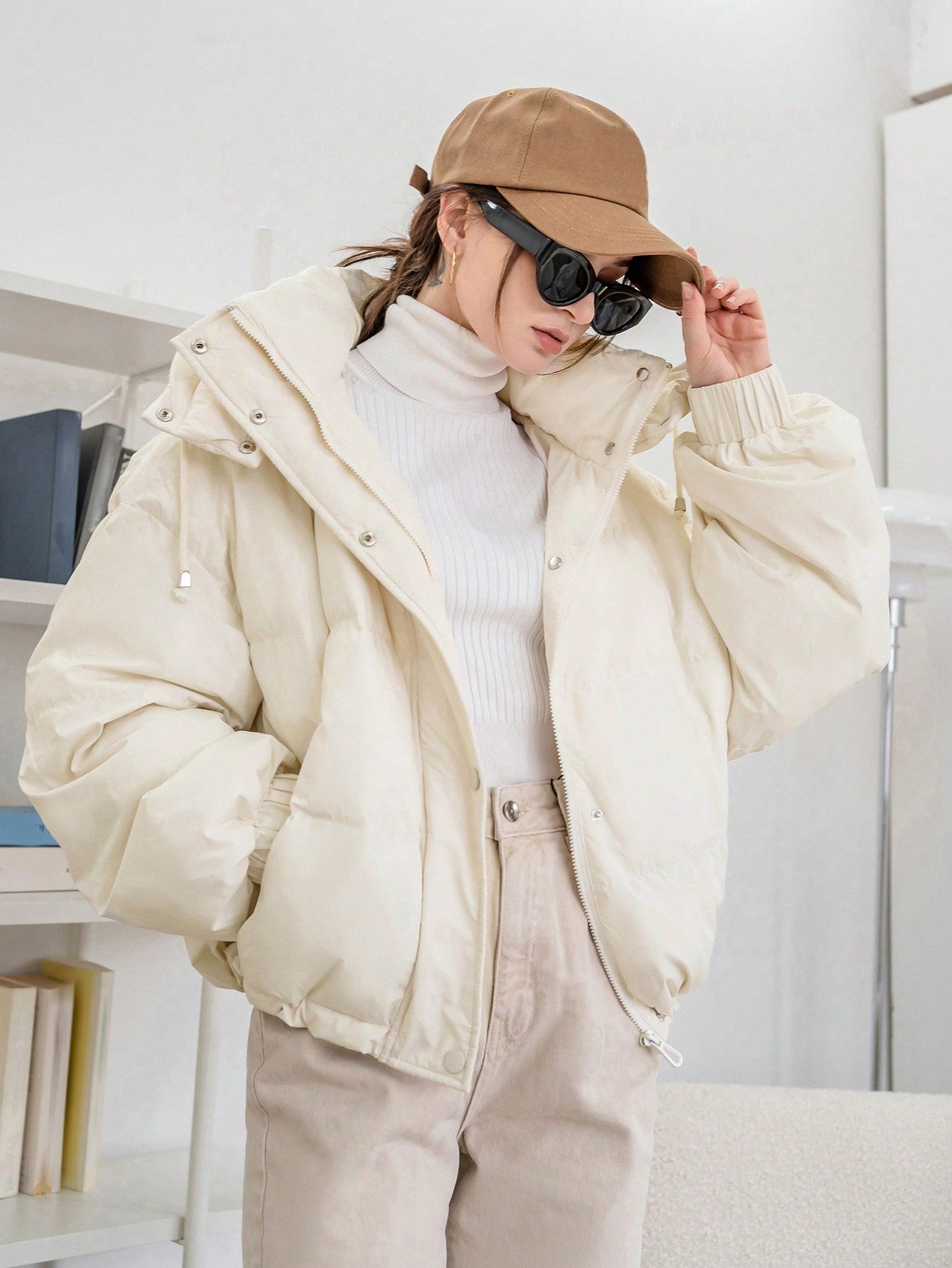Drawstring Hooded Puffer Thick Pockets Coat