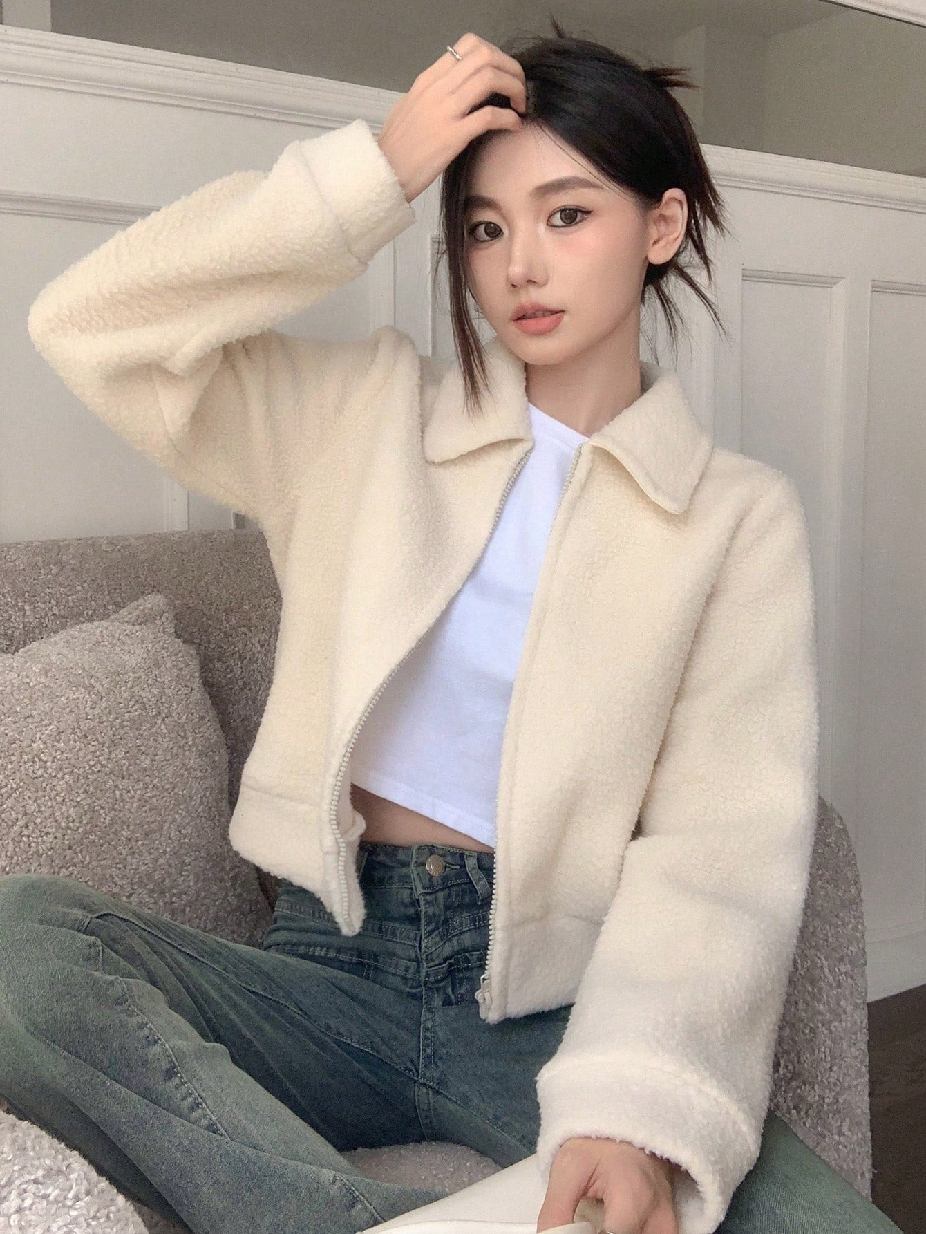 Solid Zip Through Teddy Jacket