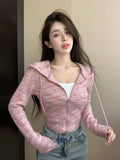 Space Dye Zip Through Drawstring Hooded Crop Sweatshirt