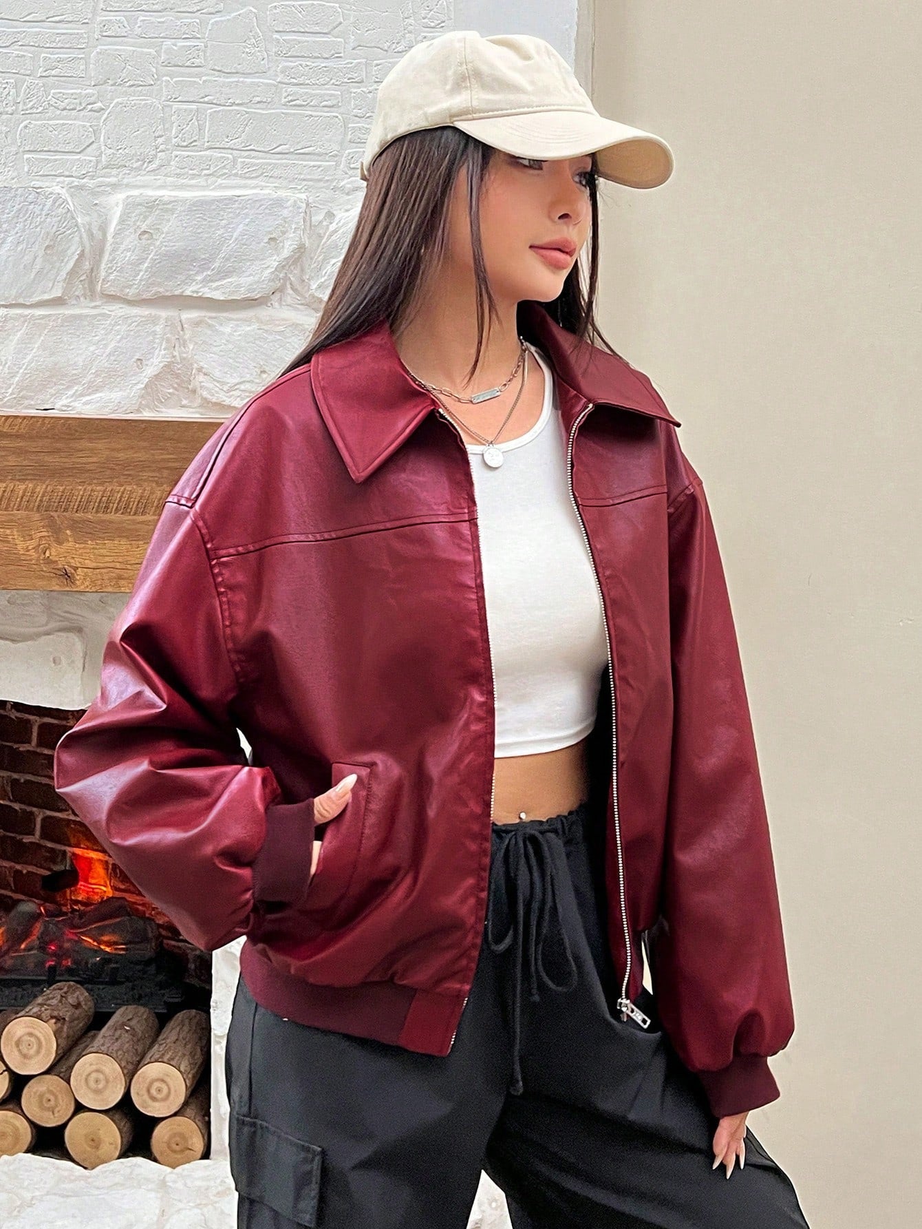 Drop Shoulder Long Sleeve Zip Up Red PU Leather Jacket