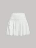 Drawstring Ruched Ruffle Hem Chiffon White Short Skirt