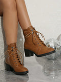 Round Toe Chunky High Heel Anti-Slip Platform, Side Zipper Cross-Tied, Classic Fashion  Boots For Women