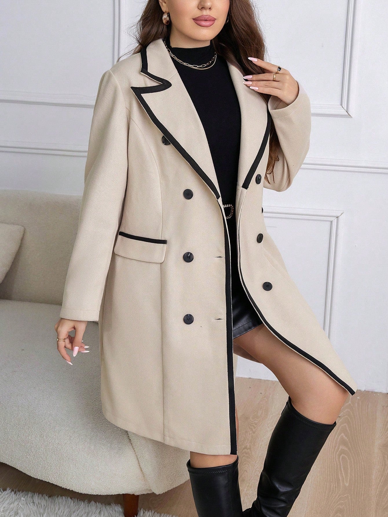 Plus Contrast Binding Double Breasted Overcoat