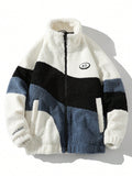Men Color Block Embroidery Detail Colorblock Teddy Jacket