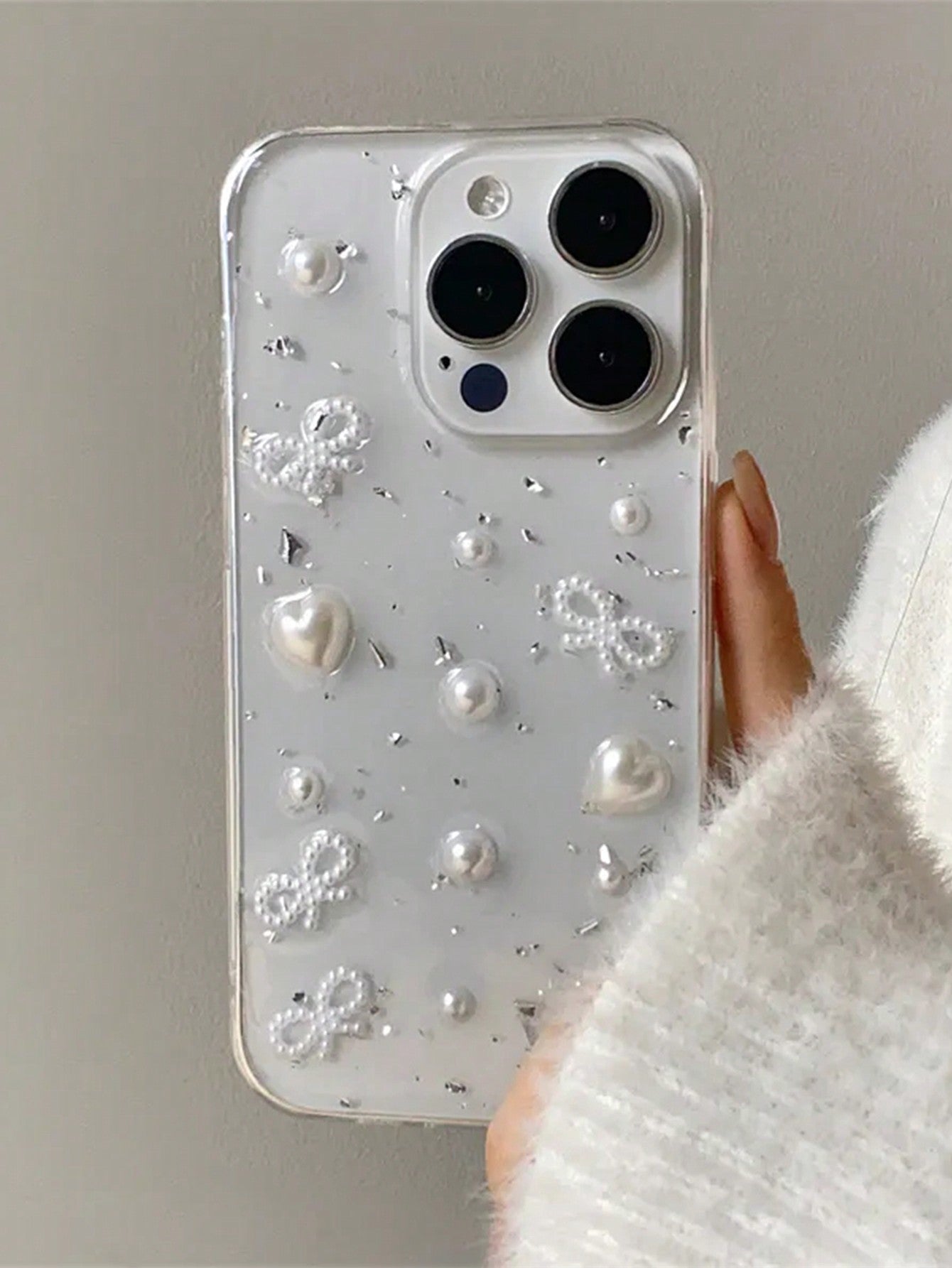 Luxury 3D Pearl Bow Silver Foil Phone Case Compatible With IPhone 15 14 13 12 11 Pro Max MiNi XR X XS Max 7 8 Plus Glitter Epoxy Cute Clear Soft Silicone Cover