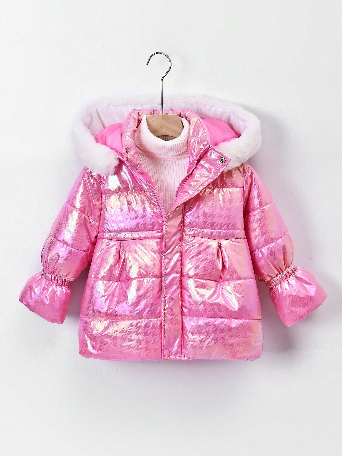 Young Girl Metallic Hooded Puffer Coat Without Sweater