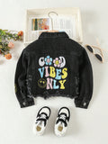 Young Girl Slogan & Cartoon Embroidery Ripped Raw Hem Denim Jacket
