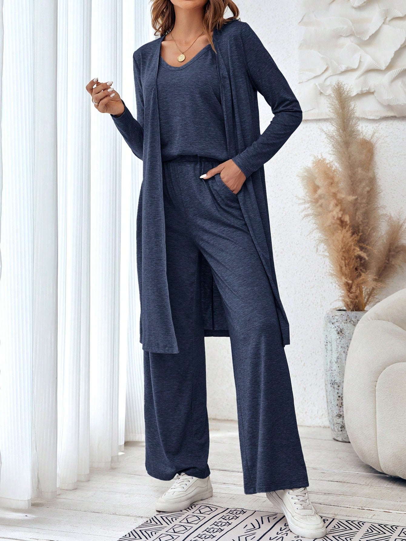 Solid Cami Top & Pants & Open Front Coat