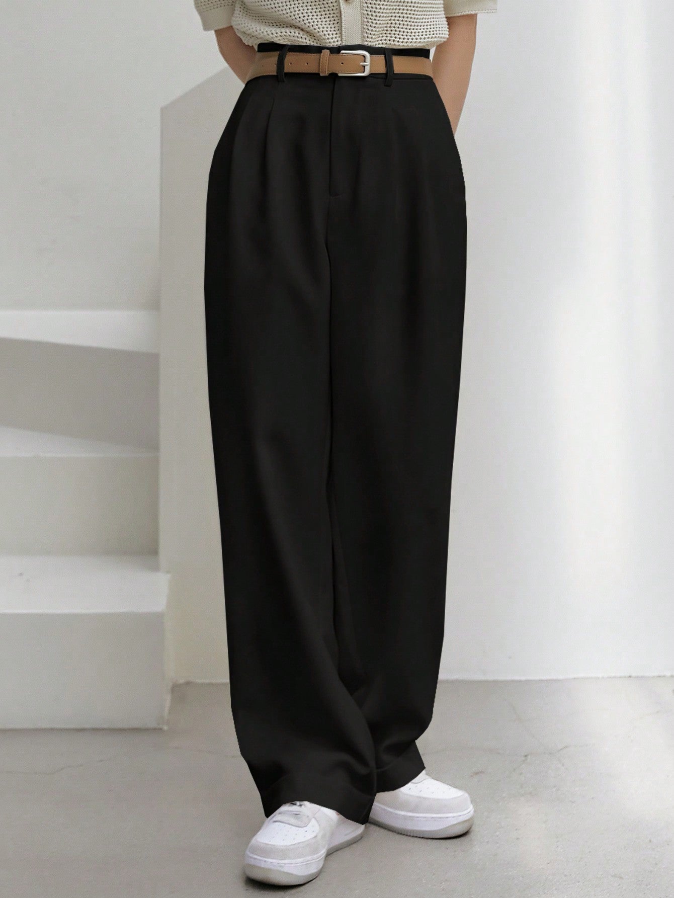 Dazy-Less Solid Fold Pleated Wide Leg Suit Pants Without Belt