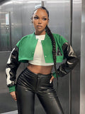 Letter Patched Colorblock Drop Shoulder Crop Jacket