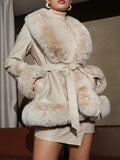 Anewsta Fuzzy Collar Belted Coat
