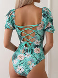 Floral Print Short-sleeve Triangle One-piece Swimsuit With Tie Straps