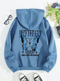 Slogan & Butterfly Print Drawstring Thermal Lined Hoodie