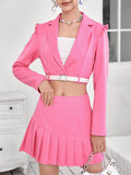 Solid Crop Blazer & Pleated Hem Skirt Without Belt