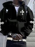 Men Cross Print Zip Up Drawstring Hooded Oversize Jacket