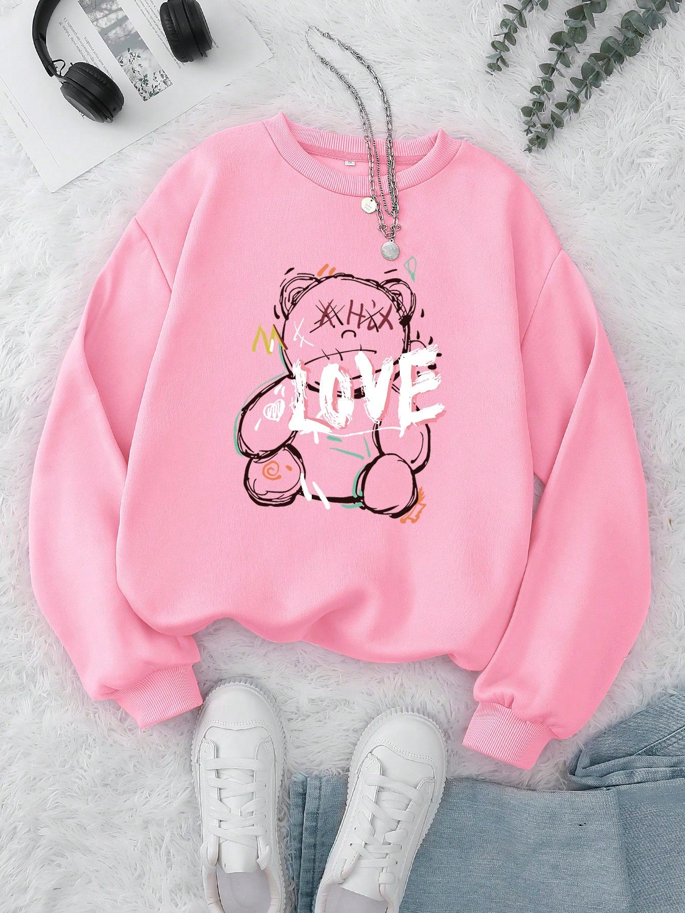 Qutie Bear And Letter Graphic Thermal Lined Sweatshirt