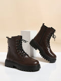 Women's Round Toe Thick Heel Thick Sole Lace Up Motorcycle Boots Thick Sole Boots