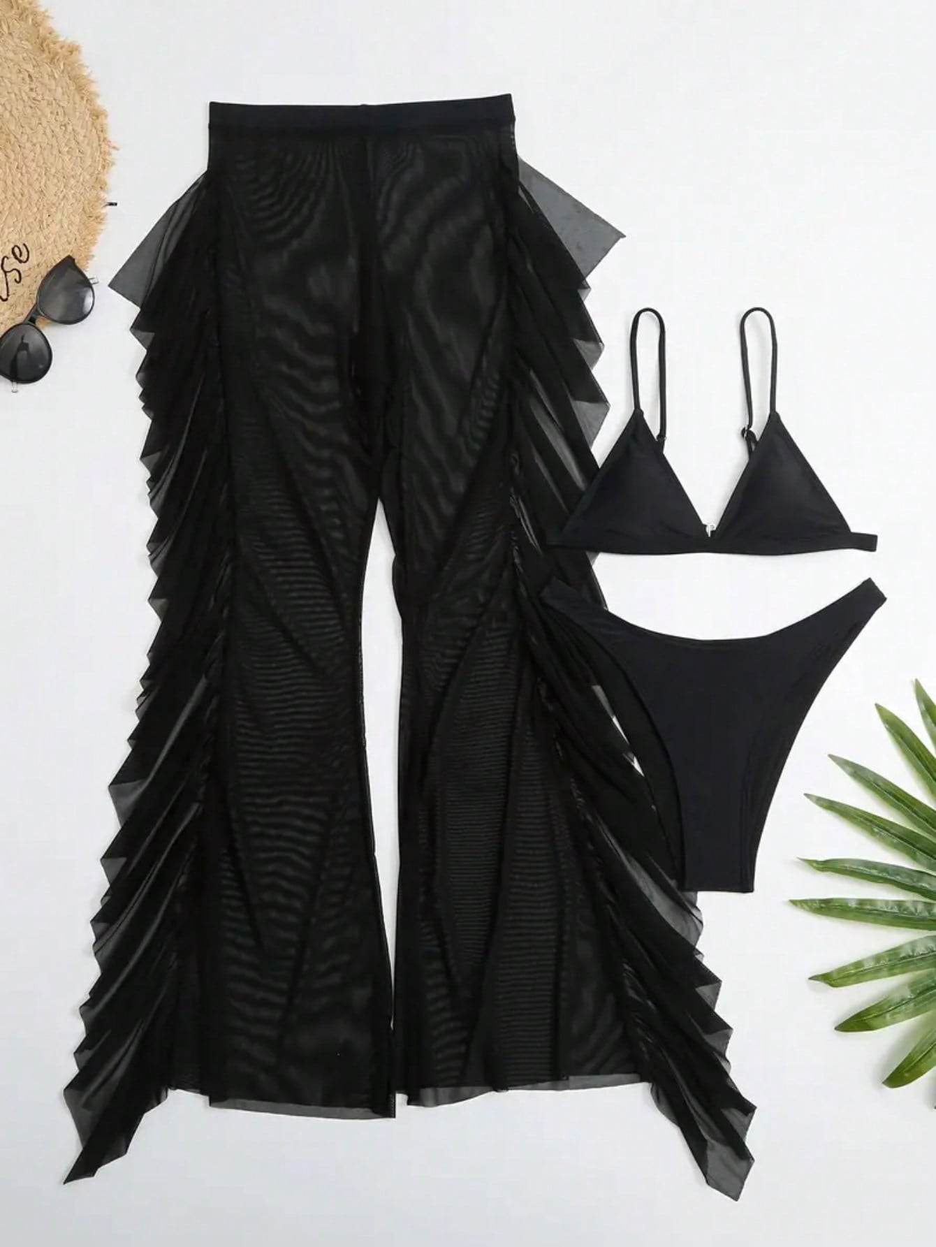 Swim Summer Beach Solid Ruffle Trim Cover Up Pants Without Bikini Set