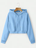 Solid Zip Up Drawstring Crop Thermal Lined Hoodie